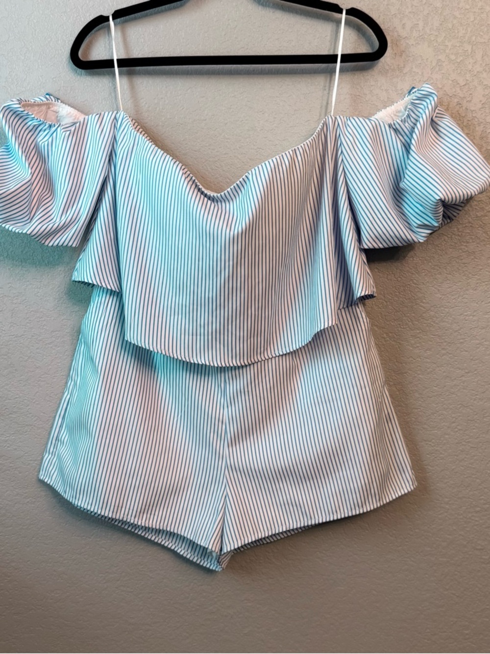 “The Impeccable Pig” Striped Off-Shoulder Romper in Light Blue and White Sz L